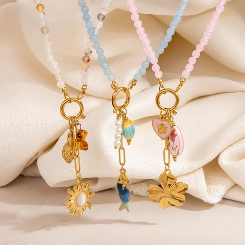 Roestvrij Stalen Kralenketting Emaille Bloem Zon Hart Vis Hangers Zomer Vakantie Mode Choker Sieraden Voor Dames