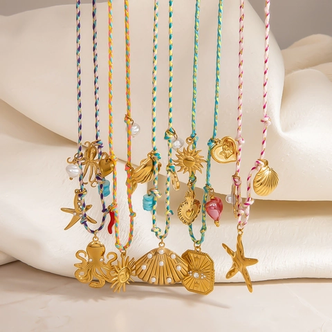 Boho Edelstahl Geflochtenes Seil Halskette Für Damen Gold Überzogen Ozean Seestern Muschel Herz Anhänger Schmuck