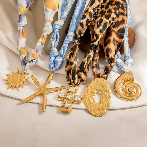 Vintage Stoff Seidenschal Halskette Für Damen Edelstahl Gold Seestern Muschel Herz Kreuz Anhänger Mode Schmuck