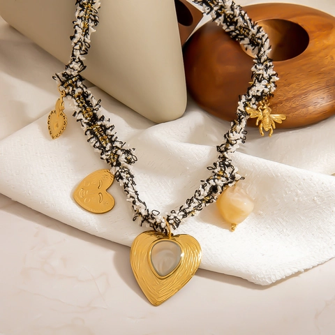 Vintage Tweed Gevlochten Ketting Hart Hanger Halsketting Roestvrij Staal Bij Kunstparel Strass Choker Voor Vrouwen Sieraden