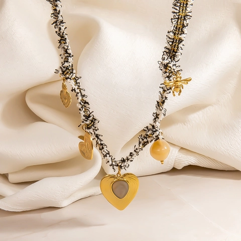 Vintage Tweed Gevlochten Ketting Hart Hanger Halsketting Roestvrij Staal Bij Kunstparel Strass Choker Voor Vrouwen Sieraden
