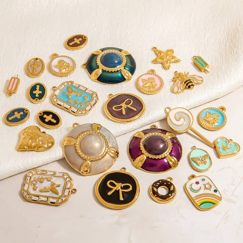 Vintage Stainless Steel Enamel Pendants For DIY Jewelry Making Butterfly Bee Cross Pendant Only (Without Chain) Charms