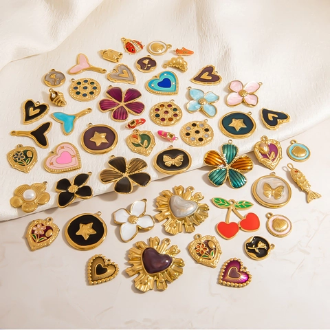 Stainless Steel DIY Jewelry Pendants Heart Flower Rose Shell Enamel Drip Oil Retro Charms For Necklace Bracelet Making Women Jewelry