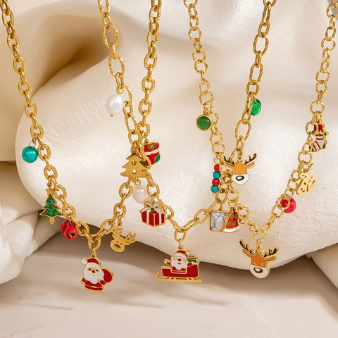 Roestvrij Staal Kerst Ketting Armband Oorbellen Set Goud Kunstparel Kerstman Eland Emaille Feestelijke Sieraden