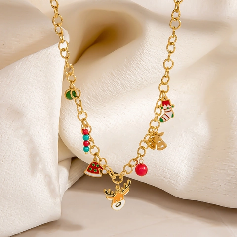 Stainless Steel Christmas Jewelry Collection Gold Plated Reindeer Santa Claus Pendant Necklace Bracelet Earrings Holiday Party