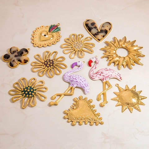 Stainless Steel Gold Plated Flower Heart Sun Flamingo Enamel Charms For DIY Necklace Bracelet Jewelry Making Women Accessories