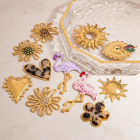 Stainless Steel Gold Plated Flower Heart Sun Flamingo Enamel Charms For DIY Necklace Bracelet Jewelry Making Women Accessories