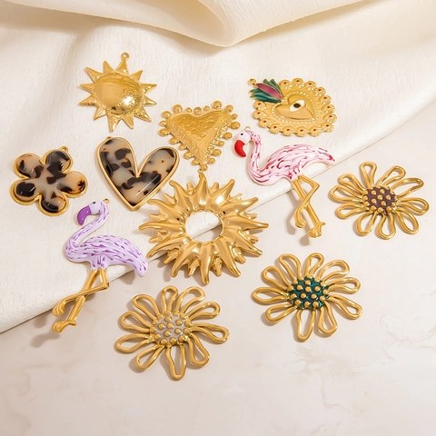 Gold Plated Stainless Steel Pendants Charms Drip Oil Enamel Sun Heart Flamingo Flower For DIY Jewelry Making Accessories Women