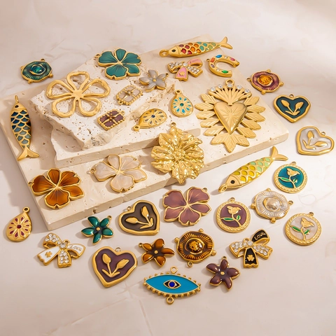 Stainless Steel Jewelry Pendants DIY Heart Flower Evil Eye Rainbow 18K Gold Plated Rhinestone Enamel Charms For Necklace Making