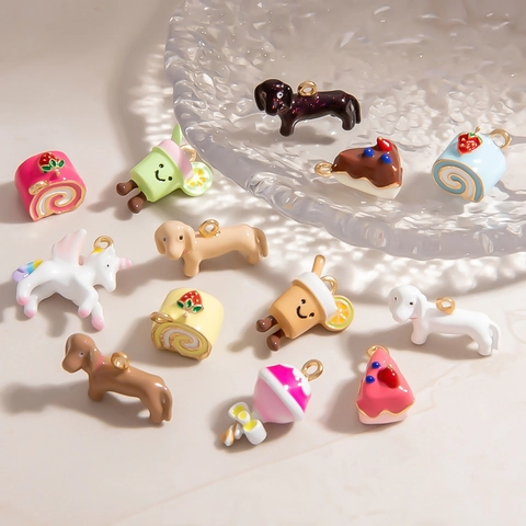 DIY Cartoon Enamel Alloy Pendants Cute Cake Dessert Dachshund Unicorn Drink Cup Shape Macaron Color Jewelry Making Charms