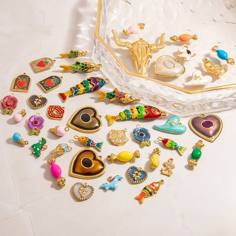 Stainless Steel Enamel Animal Flower Heart Candy DIY Pendants Charms For Necklace Bracelet Jewelry Making Women Gift Accessory