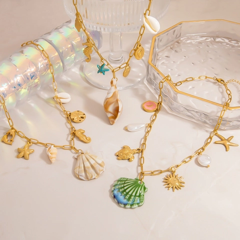 Stainless Steel Ocean Theme Charm Necklace Gold Plated Shell Starfish Seahorse Turtle Dolphin Pendant For Women Jewelry Gift