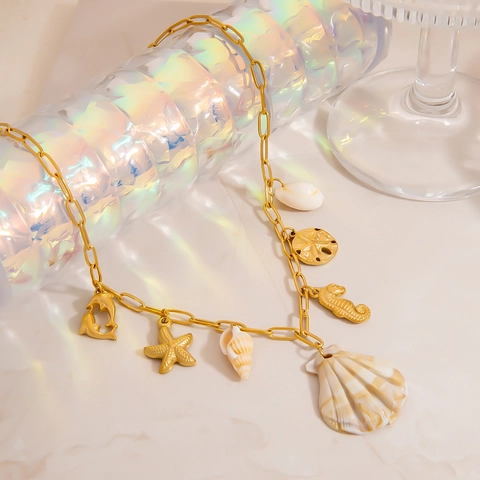 Stainless Steel Ocean Theme Charm Necklace Gold Plated Shell Starfish Seahorse Turtle Dolphin Pendant For Women Jewelry Gift