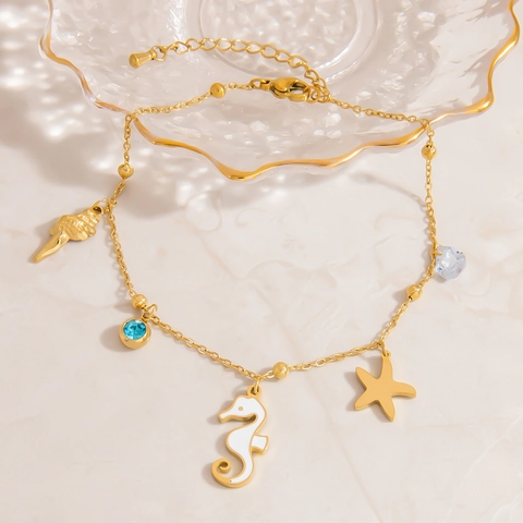 Chevillère en Acier Inoxydable Série Océan Plaqué Or Hippocampe Étoile de Mer Coquillage Pendentif Bleu Strass Bijoux pour Femme Plage Été Cadeau