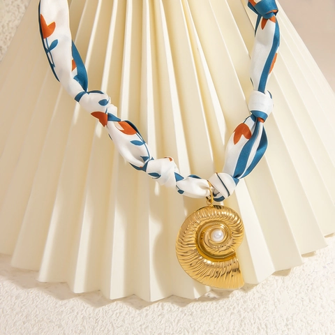 Vintage Nautilus Shell Pendant Necklace With Satin Scarf Chain Gold Plated Stainless Steel Artificial Pearl Sea Snail Jewelry For Women