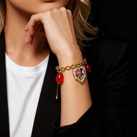 Vintage Stainless Steel Bee Heart Bracelet With Enamel Flowers Resin Beads Gold Plated Rhinestone Dangle Jewelry For Women