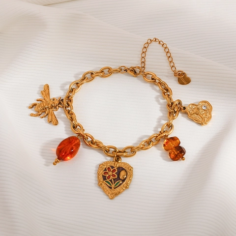 Vintage Stainless Steel Bee Heart Bracelet With Enamel Flowers Resin Beads Gold Plated Rhinestone Dangle Jewelry For Women