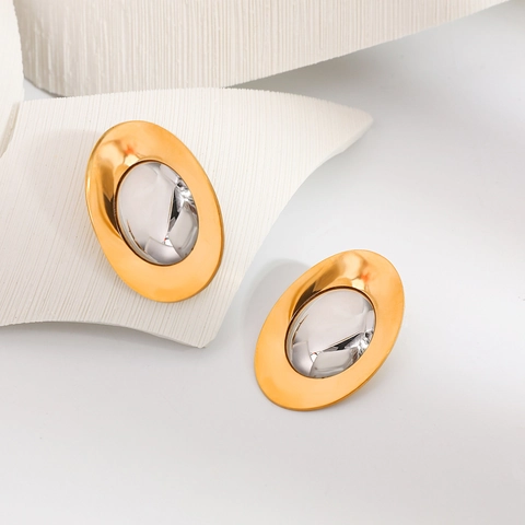 Orecchini a Bottone Ovali Bicolore in Acciaio Inossidabile per Donna Gioielli in Metallo Geometrico Placcato Oro Argento