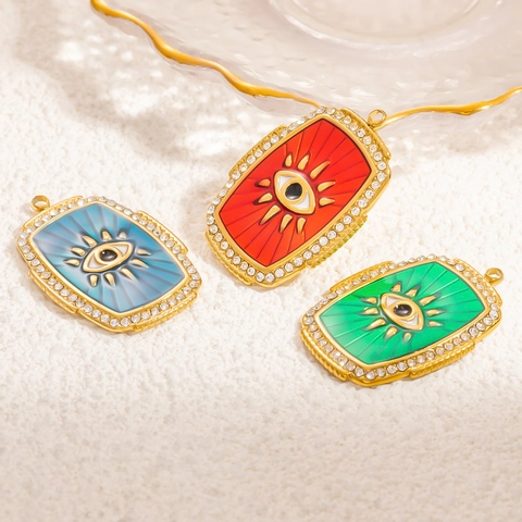 Pendentif Carte de Tarot Vintage en Acier Inoxydable Avec Mauvais Œil Strass Émaillé Plaqué Or Imperméable Bijoux pour Femmes
