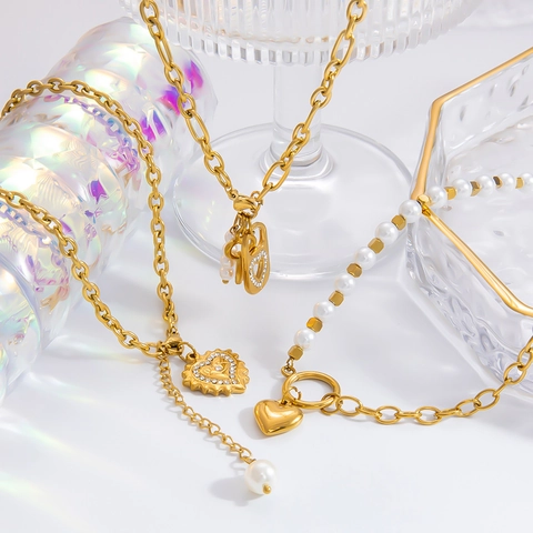 Collier Pendentif Cœur en Acier Inoxydable Avec Künstliche Perle Strass Plaqué Or 18K Mauvais Œil Clé Serrure Bijoux Pour Femmes
