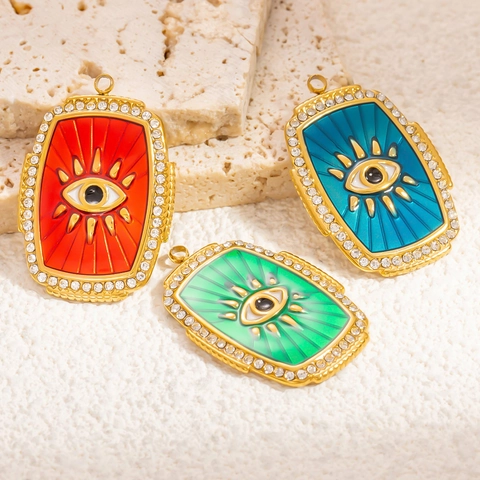 Pendentif Carte de Tarot Vintage en Acier Inoxydable Avec Mauvais Œil Strass Émaillé Plaqué Or Imperméable Bijoux pour Femmes