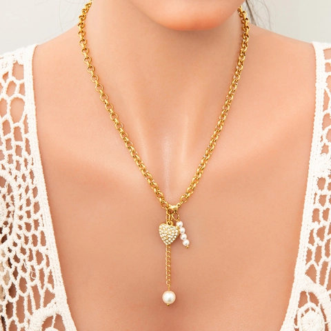 Collier Pendentif Cœur en Acier Inoxydable Avec Künstliche Perle Strass Plaqué Or 18K Mauvais Œil Clé Serrure Bijoux Pour Femmes