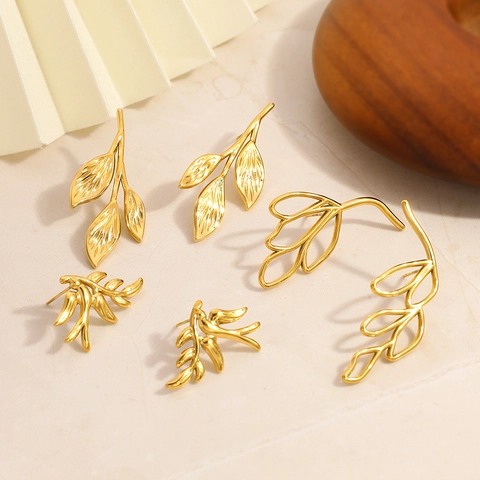 Pendientes de Botón de Hoja y Pájaro de Acero Inoxidable Chapado en Oro de 18K para Mujer Joyas de Moda