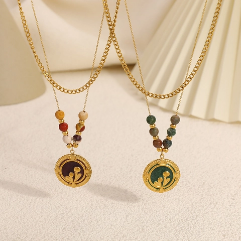 Collier Double Couche en Acier Inoxydable avec Pendentif Fleur en Émail Perles Colorées Bijoux Or Femme Bohème