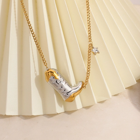 Collana con Pendente a Forma di Stivale da Cowboy e Stella Acciaio Inossidabile Bicolore Oro Argento Anello Orecchini Gioielli Donna Regalo