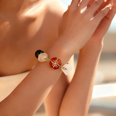 Vintage Edelstahl Armband Für Damen Vergoldet Bunte Harzperlen Blumenanhänger Retro Geometrische Ästhetik Schmuck