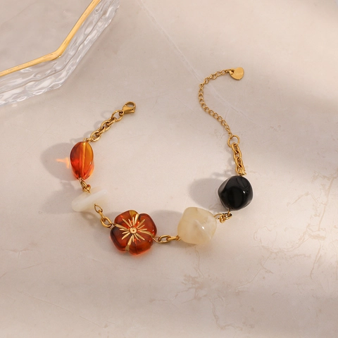 Vintage Edelstahl Armband Für Damen Vergoldet Bunte Harzperlen Blumenanhänger Retro Geometrische Ästhetik Schmuck
