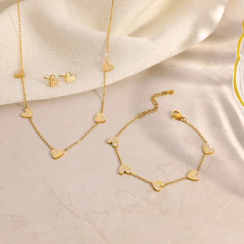 Collana Orecchini Bracciale in Acciaio Inossidabile Placcato Oro 18K a Forma di Cuore per Donna Impermeabile Resistente allo Sbiadimento Cuore Smalto Bianco