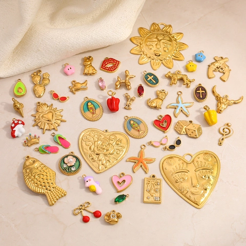Stainless Steel DIY Jewelry Pendant Gold Plated Enamel Heart Sun Cherry Mermaid Charms For Necklace Bracelet Making Women