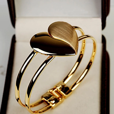 Fashion Metal Heart Open Bangle For Women Minimalist Brushed Electroplated Gold Color Double Layer Adjustable Jewelry Accessories