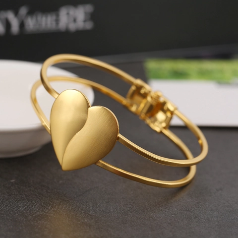 Fashion Metal Heart Open Bangle For Women Minimalist Brushed Electroplated Gold Color Double Layer Adjustable Jewelry Accessories