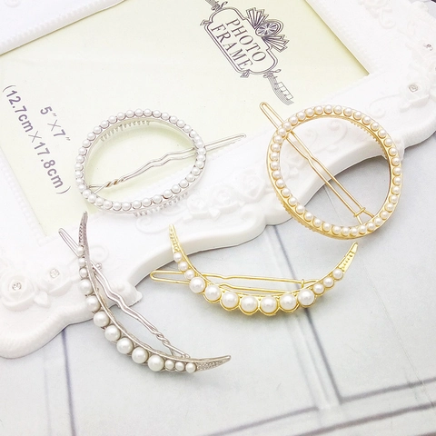 Fermagli per Capelli in Lega di Künstliche Perle Moda Luna Tondo Geometrico Metallo Clip Laterali Eleganti Accessori per Capelli Donna