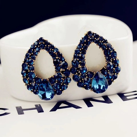 Luxury Teardrop Earrings Stainless Steel Earring Post Alloy Blue Rhinestone Waterdrop Stud Earrings For Women Jewelry Vintage