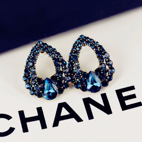 Luxury Teardrop Earrings Stainless Steel Earring Post Alloy Blue Rhinestone Waterdrop Stud Earrings For Women Jewelry Vintage