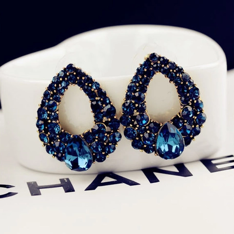 Pendientes de Gota de Lujo Poste de Acero Inoxidable Aleación Azul Strass Gota de Agua Pendientes de Botón Mujer Joyería