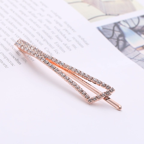 Elegante Geometrische Driehoek Strass Haarclip Voor Dames Koreaanse Stijl Roségoud Legering Kristal Zijclip Haaraccessoires