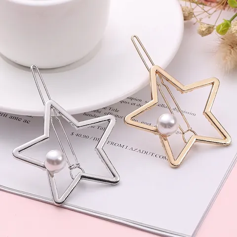 Fermaglio per Capelli Geometrico a Stella in Lega Con Perla Artificiale Elegante Pentagramma Cavo Fermaglio Laterale Oro Argento per Donna