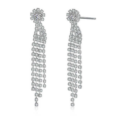 Exquisite Alloy Rhinestone Flower Long Tassel Earrings With Stainless Steel Post Silver Color Elegant Jewelry For Women