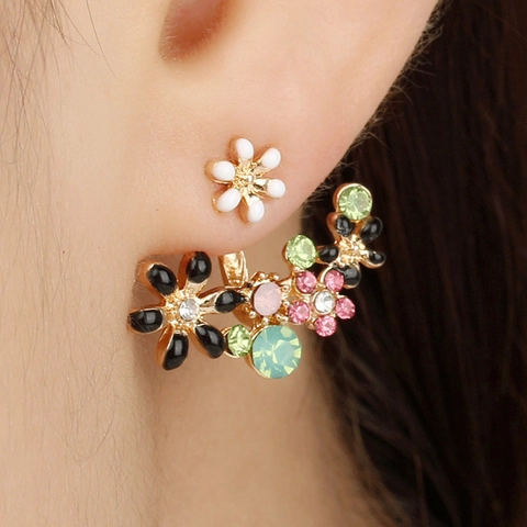 Eleganti Orecchini Ear Jacket a Forma di Fiore in Stile Coreano per Donna Orecchini a Bottone in Lega con Smalto e Strass