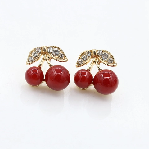 Pendientes de Botón de Cereza Lindos Coreanos para Mujer Aleación Strass Forma de Fruta Hoja Rojo Oro Joyería de Moda