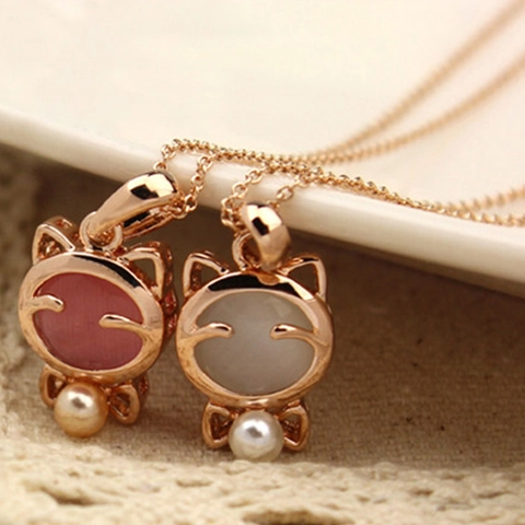 Collier Pendentif Chat en Alliage Plqué Or Rose Avec Pierre Œil de Chat et Künstliche Perle d'Imitation Chaîne de Clavicule Style Coréen Bijoux pour Femmes et Filles