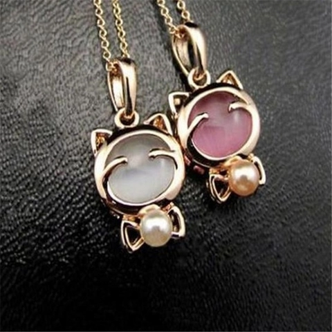Collier Pendentif Chat en Alliage Plqué Or Rose Avec Pierre Œil de Chat et Künstliche Perle d'Imitation Chaîne de Clavicule Style Coréen Bijoux pour Femmes et Filles
