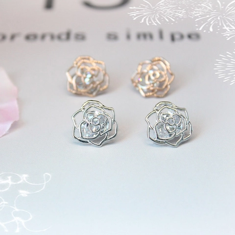 Elegant Hollow Rose Flower Stud Earrings With 925 Sterling Silver Post Rhinestone Rose Gold Inlaid Jewelry For Women Gift