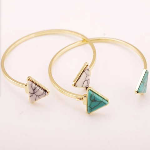 Brazalete Abierto De Aleación Minimalista Con Piedra De Mármol Turquesa Triangular Pulsera De Moda Geométrica Para Mujer Joyería