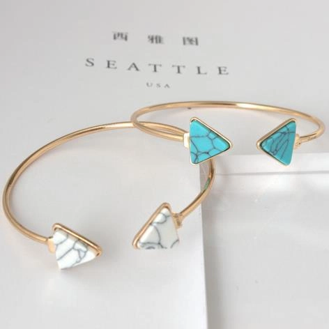Brazalete Abierto De Aleación Minimalista Con Piedra De Mármol Turquesa Triangular Pulsera De Moda Geométrica Para Mujer Joyería