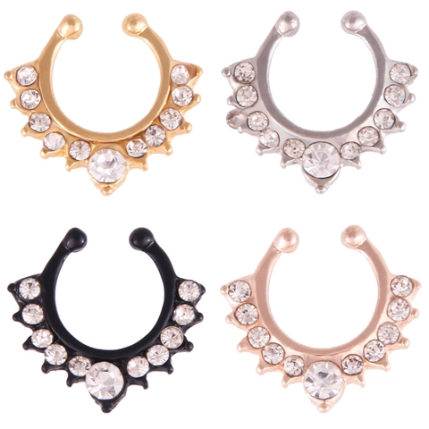 Luxury Alloy Rhinestone Faux Septum Ring Clip On Non Pierced Fake Nose Ring U Shaped Body Jewelry For Women Men Accessory